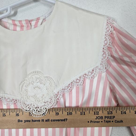 VTG Bonnie Jean Satin Dress Sz 8 Pink White Striped Long Sleeve Collar Lace - Picture 10 of 14